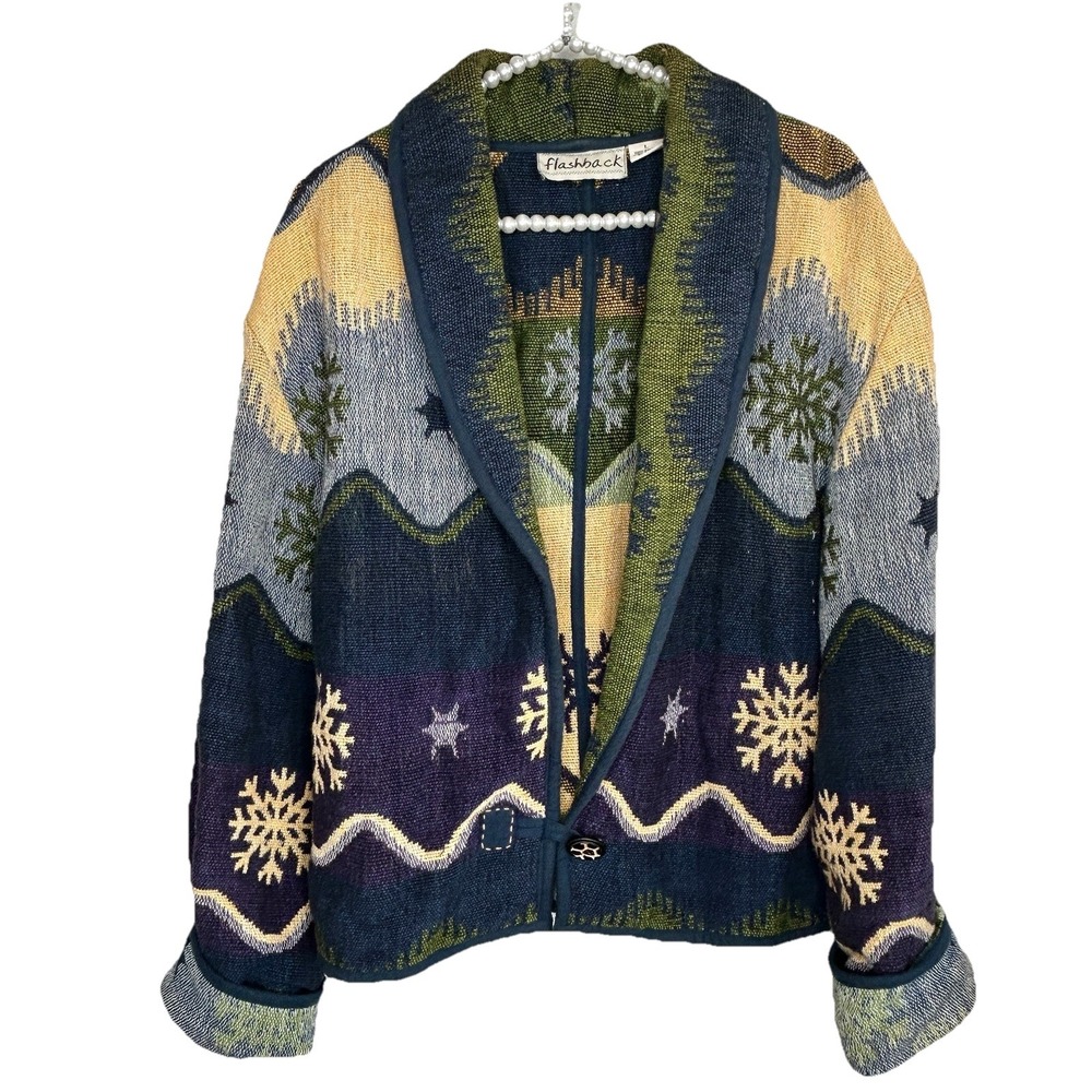 Vintage Flashback Tapestry Holiday Jacket Womens Large Christmas Southwestern